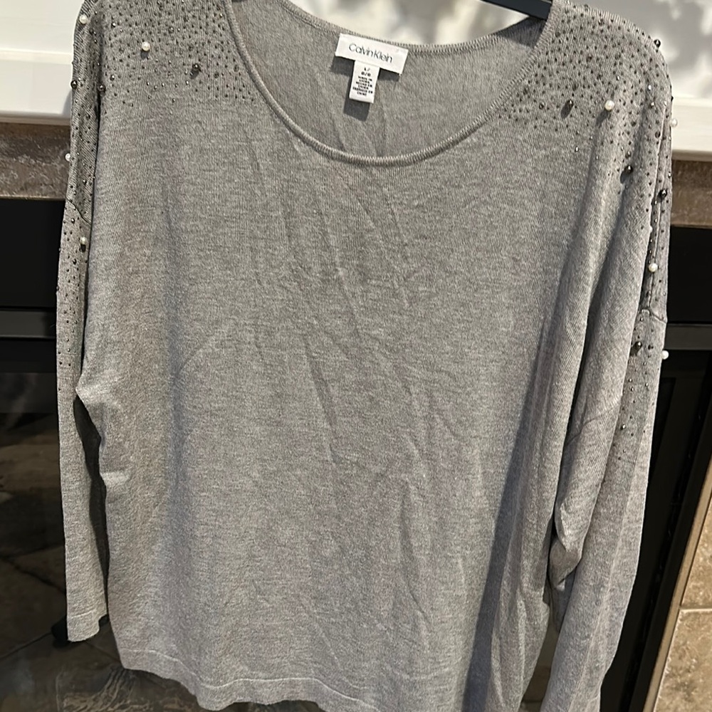 Calvin Klein Gray Crew Neck Sweater with Embellishments